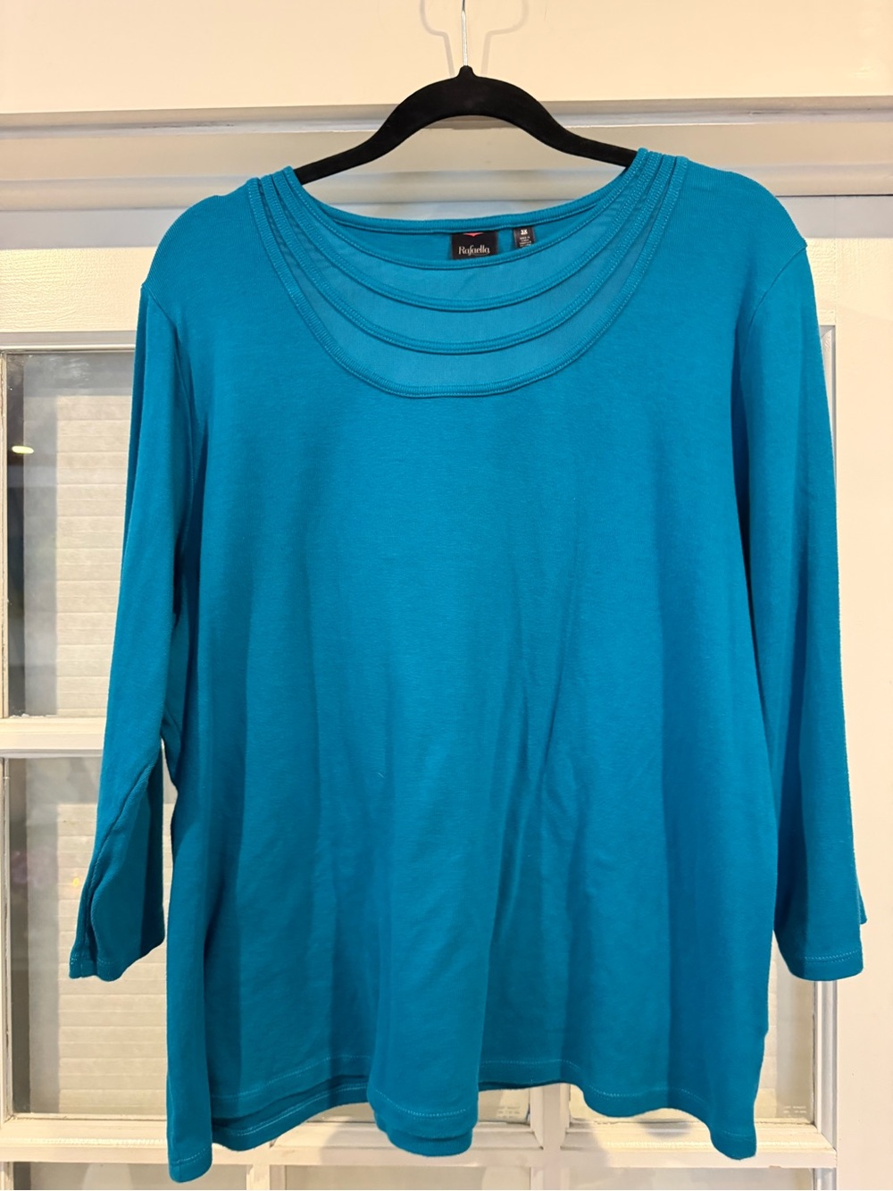 Rafaella Teal Long-Sleeve with Pleated Scoop Neck Detail